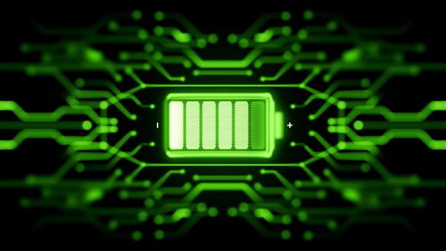 Green battery icon surrounded by circuitry.