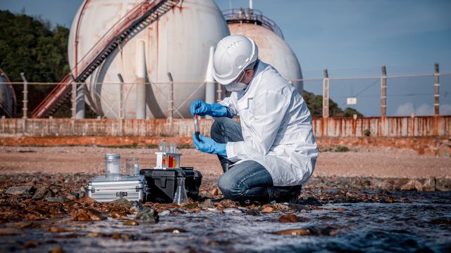 Scientist kneeling down taking water samples