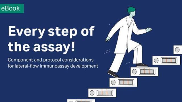Man in lab coat walking up stairs where each step on the staircase is an illustration of an assay chip
