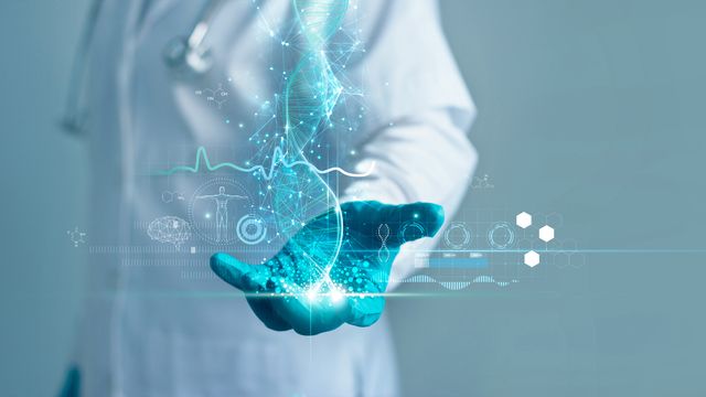 Scientist in a lab coat holding a futuristic representation of medicine and genetics.