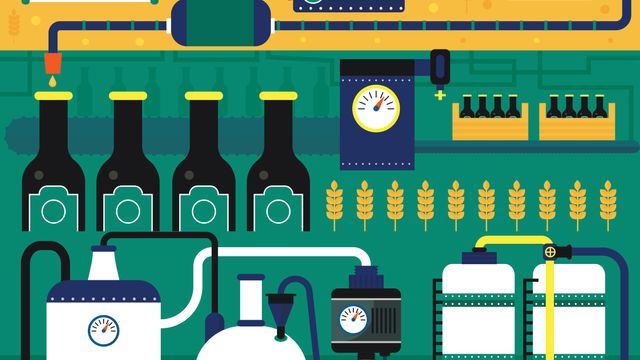 Beer brewing process, with equipment such as fermenters, a bottling, pipes and gauges with rows of wheat and bottles.