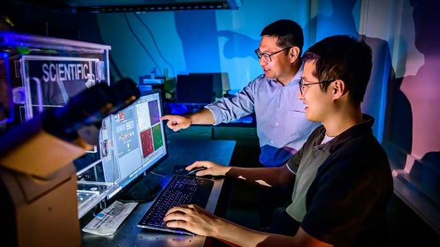 Two scientist looking at a computer screen.