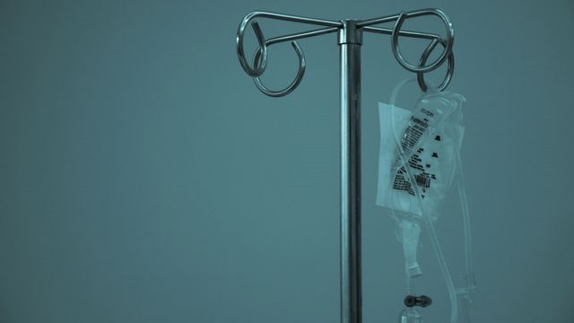A medication bag on a drip stand.