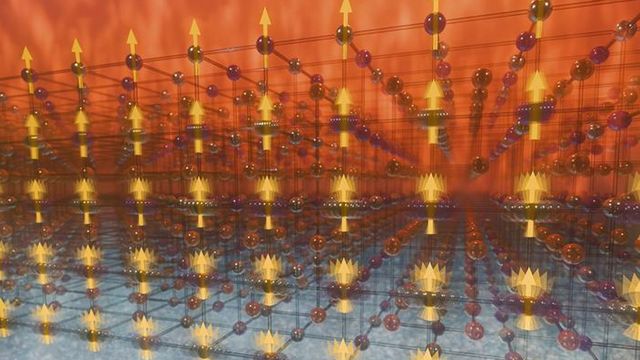 A three dimensional grid of atoms, with vibrations shown by blurry arrows.