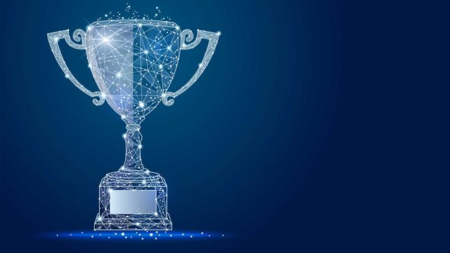 A futuristic-style illustration of a trophy on a dark blue background.