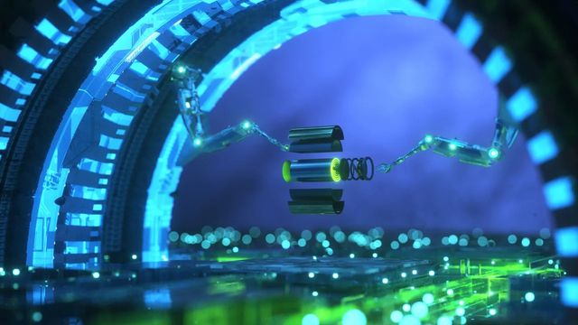 A battery being assembled by two robotic arms