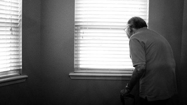 Hunched elderly gentleman wearing glasses looking out of a window through a slatted blind.